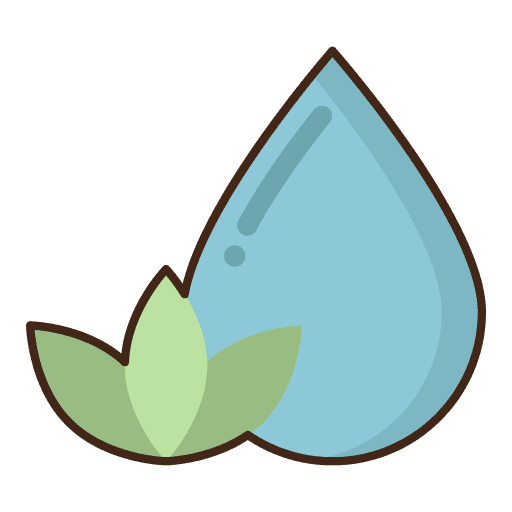 A large blue water droplet is positioned behind two overlapping green leaves, symbolizing nature and water conservation.