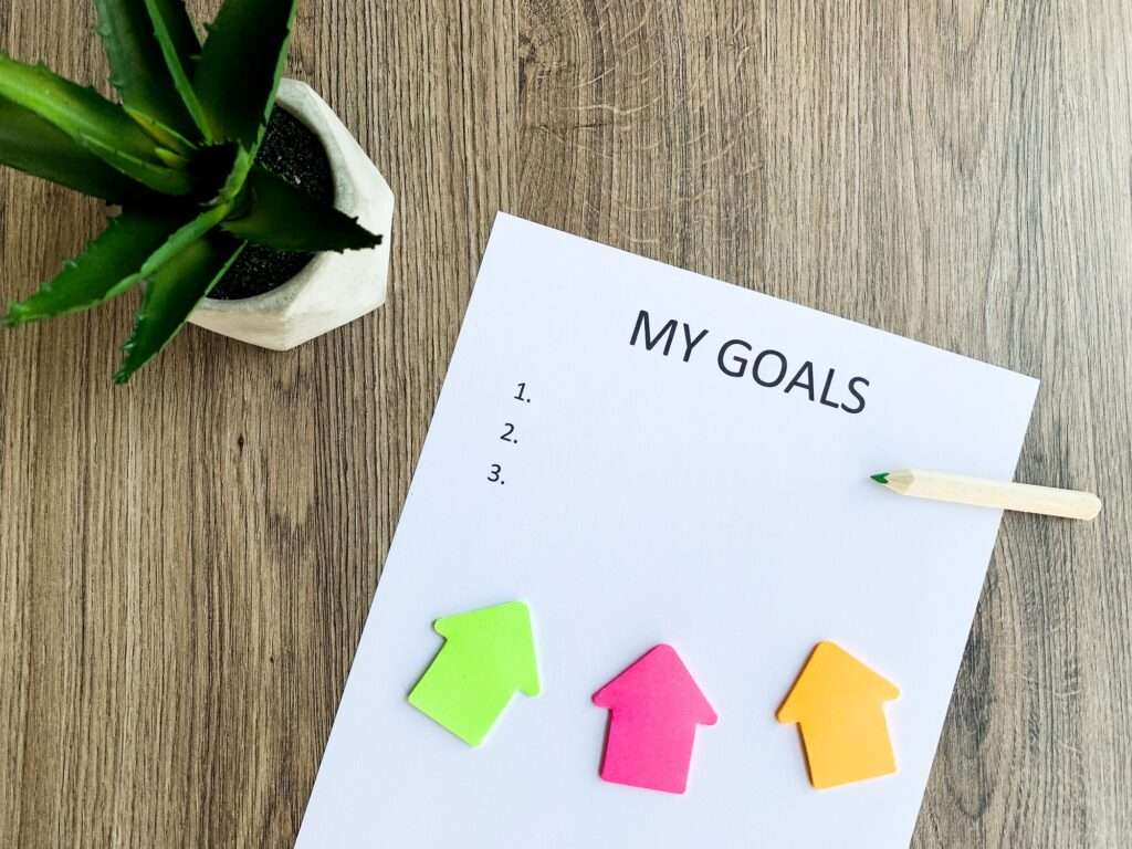 Clipboard with my goals on wood desk.