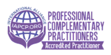 Logo for the International Alliance of Professional Complementary Practitioners featuring a globe, hands, and the text "Accredited Practitioner".