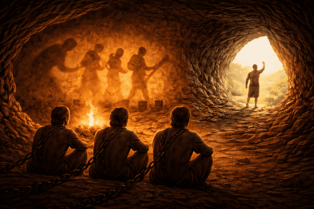 Three chained figures sit in a cave watching shadows on the wall, their postures heavy with burnout, whilst another figure stands at the cave entrance waving towards the outside light.